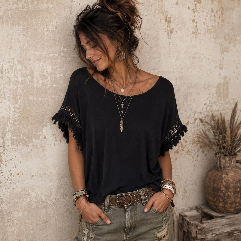 Loft Lounge Black Shirt With Balck Crochet Fringe Short Sleeves Size M